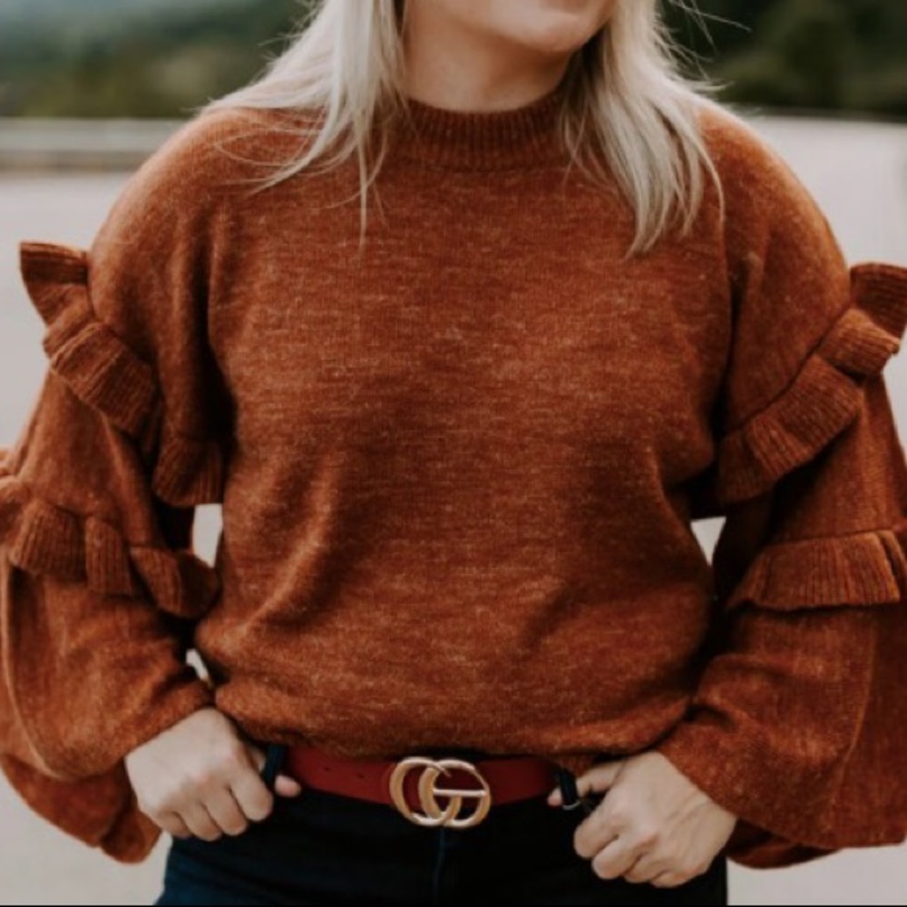 Mud Pie Ramsey Ruffle Sleeve Sweater in Rust